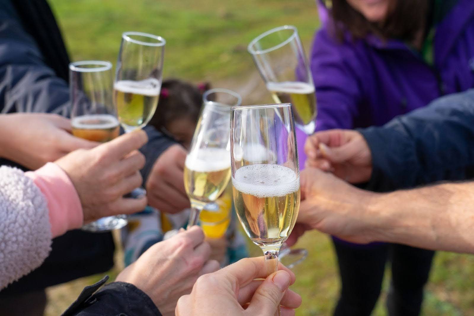 Passagiers klinken tijdens de après-ballooning met een glas cava, een feestelijk moment dat inbegrepen is bij een ballonvaart als cadeaubon
