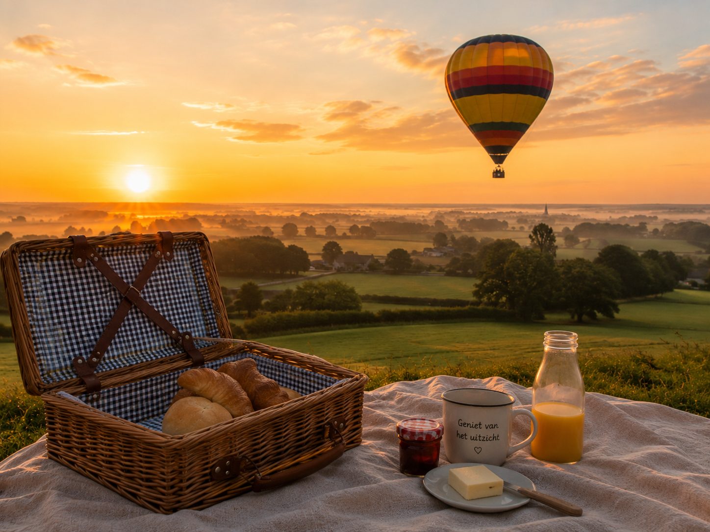 Eenvoudig ontbijt in open lucht met zicht op een luchtballon tijdens zonsopgang.