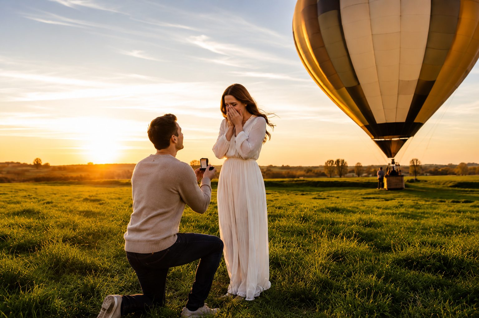 Man vraagt zijn partner ten huwelijk op één knie bij zonsondergang, met een luchtballon op de achtergrond.