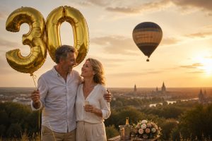 Koppel viert hun 30-jarig jubileum met gouden ballonnen, champagne en een luchtballon in de zonsondergang op de achtergrond.