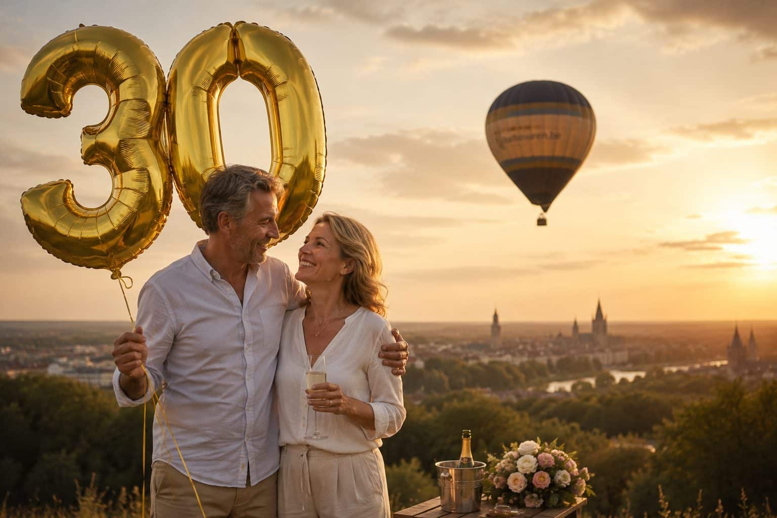 Koppel viert hun 30-jarig jubileum met gouden ballonnen, champagne en een luchtballon in de zonsondergang op de achtergrond.
