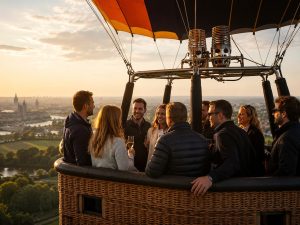 Een groep collega's geniet samen van een luchtballonvaart boven een groen landschap bij zonsondergang.