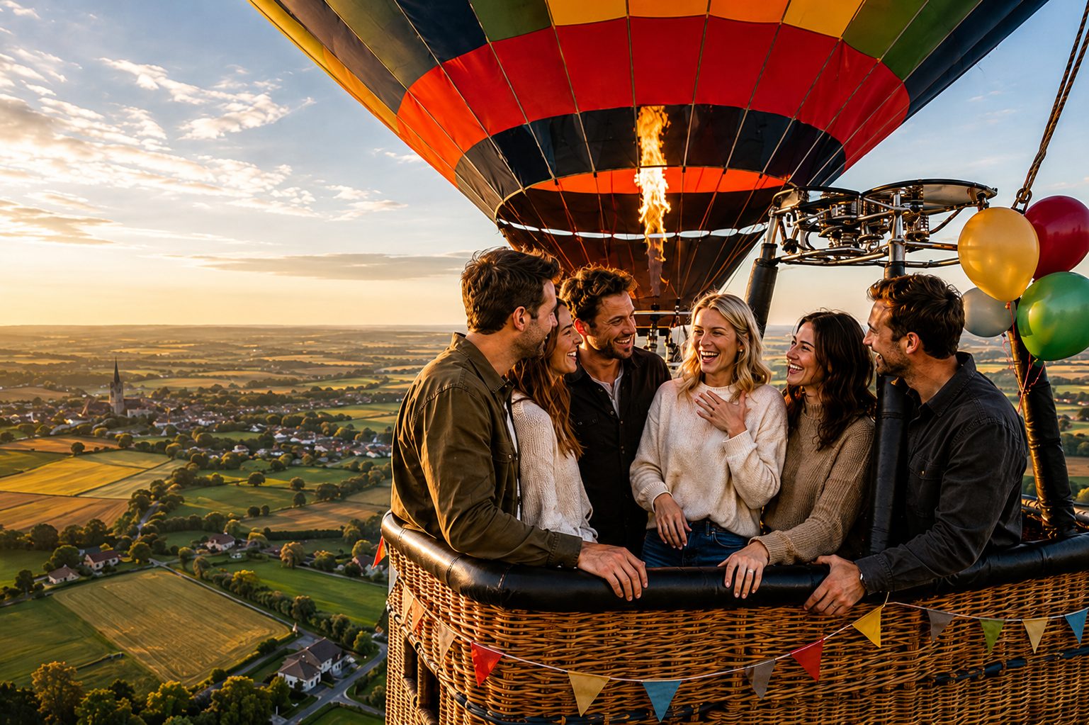 Vrienden vieren een verjaardag tijdens een ballonvaart bij zonsondergang boven het platteland.