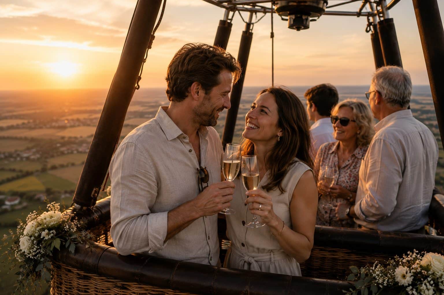 Pasgetrouwd koppel proost met bubbels in de ballonmand terwijl familie meegeniet van de privévlucht bij zonsondergang
