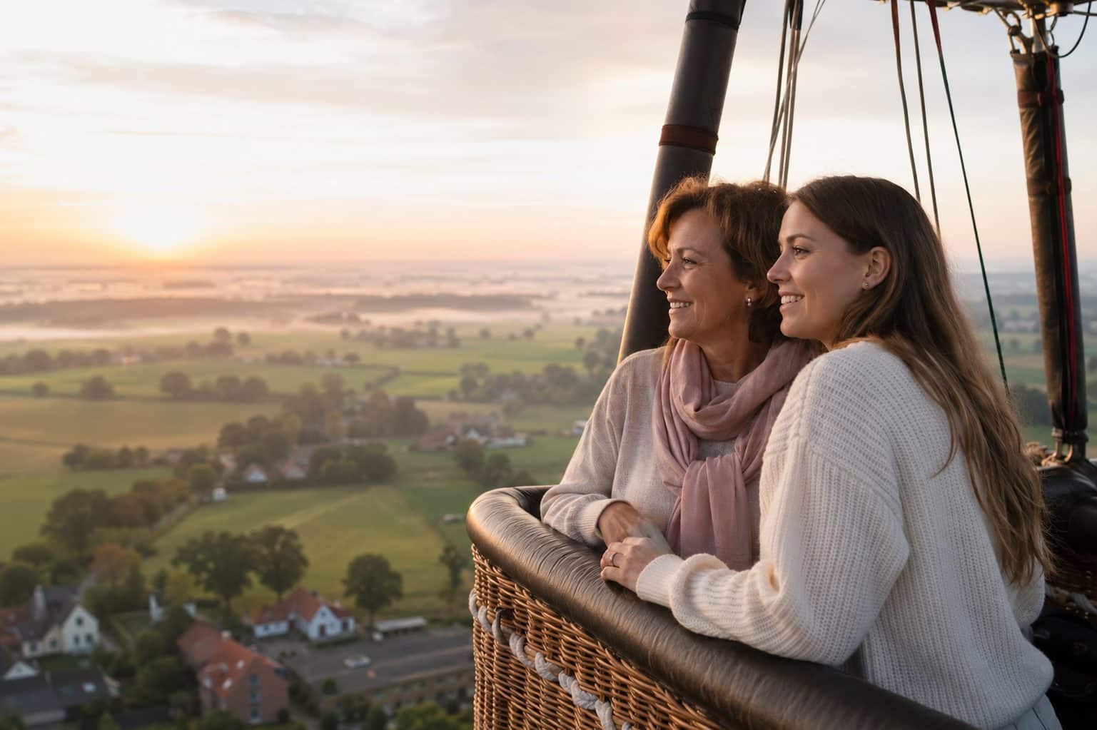 Moeder en dochter kijken samen uit over de mistige velden tijdens een ballonvaart bij zonsopgang