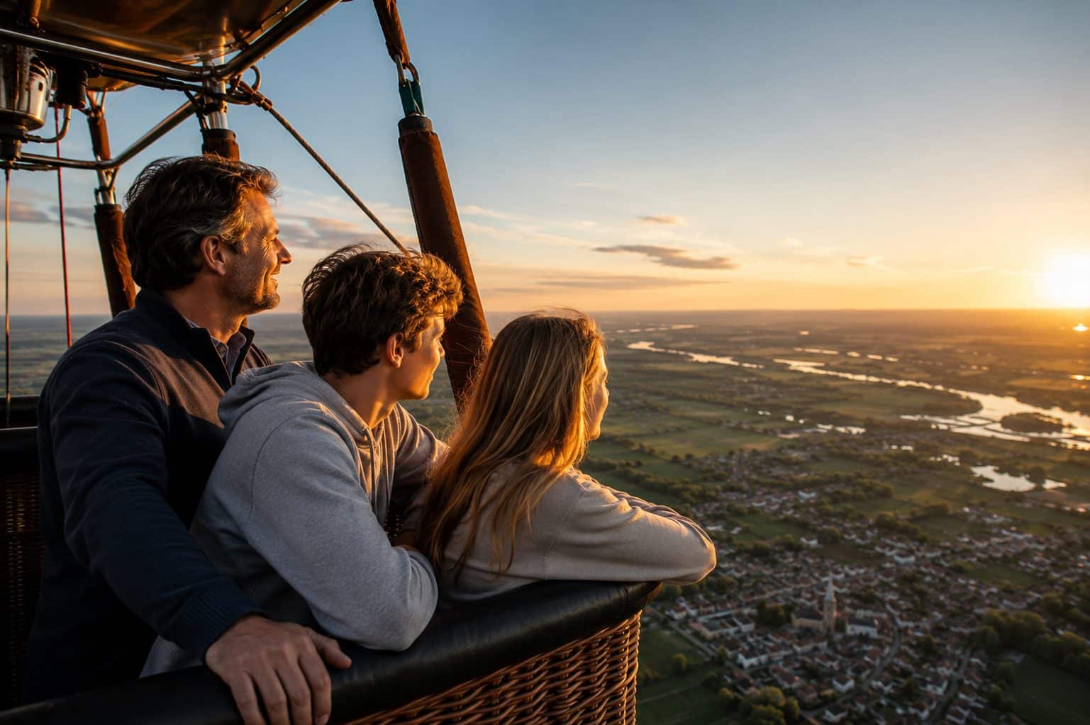 Vader en zijn twee kinderen genieten van het weidse uitzicht over Oost-Vlaanderen tijdens een ballonvaart bij zonsondergang